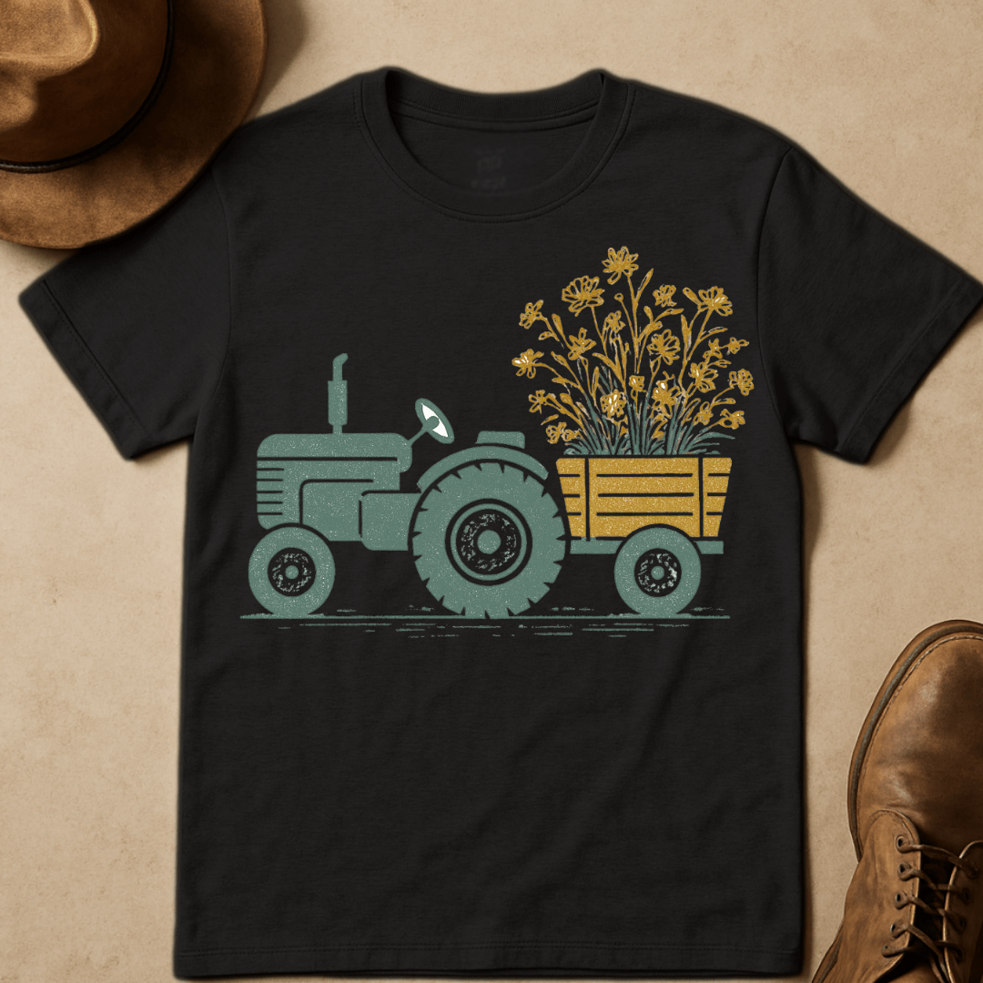 TRACTOR HAULING FLOWERS T-SHIRT