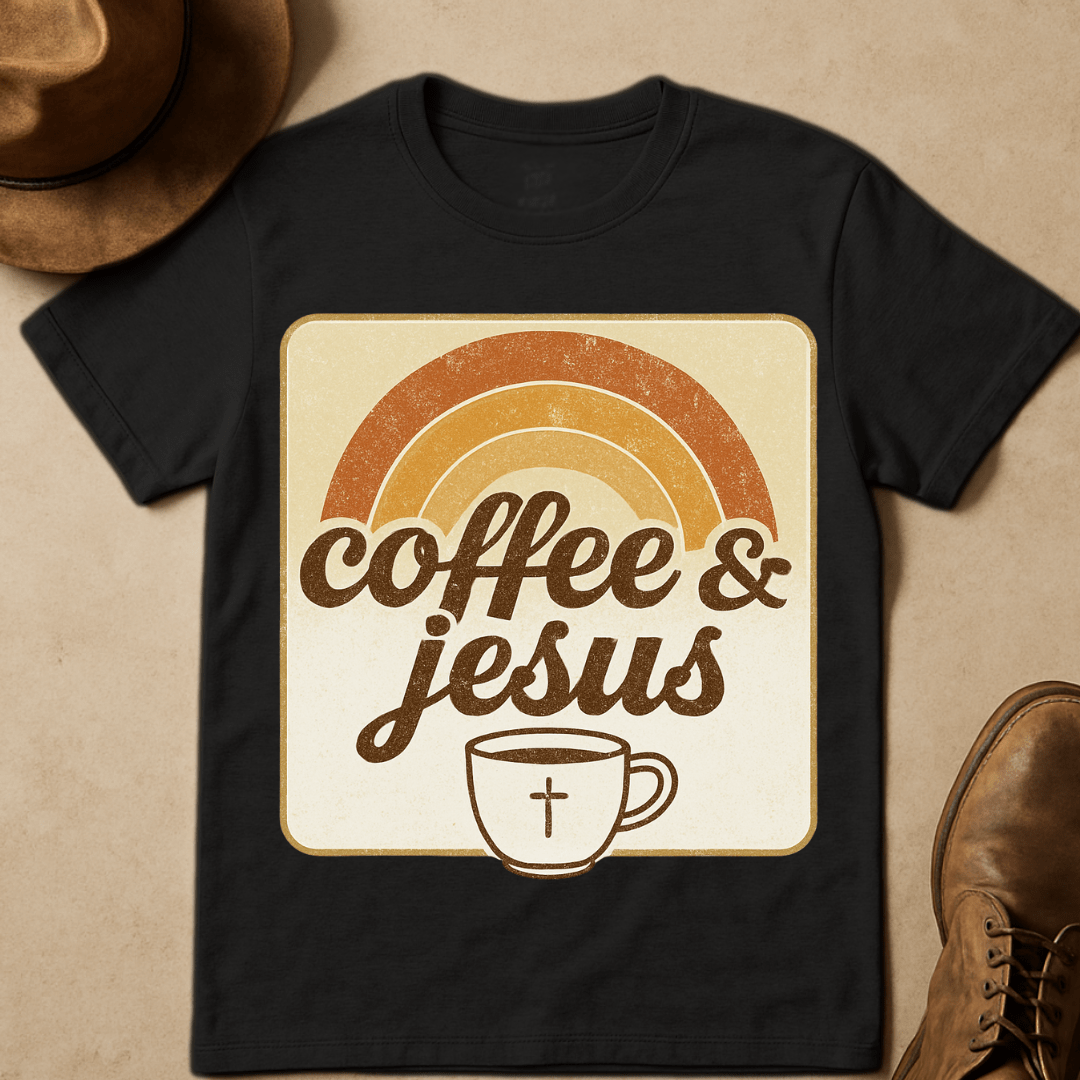 RETRO SUNRISE COFFEE AND JESUS T-SHIRT