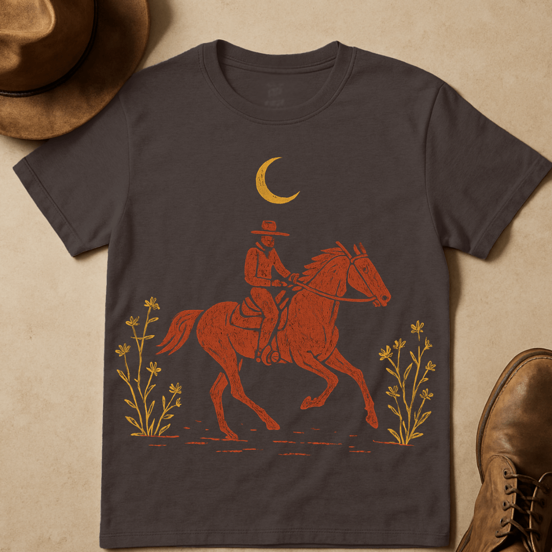 COWBOY RIDE UNDER CRESCENT MOON T-SHIRT