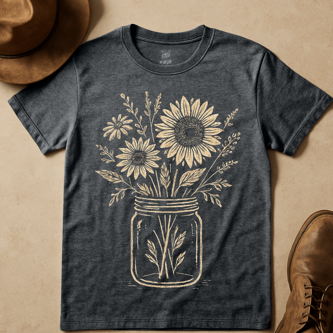 MASON JAR WITH SUNFLOWERS AND DAISIES T-SHIRT