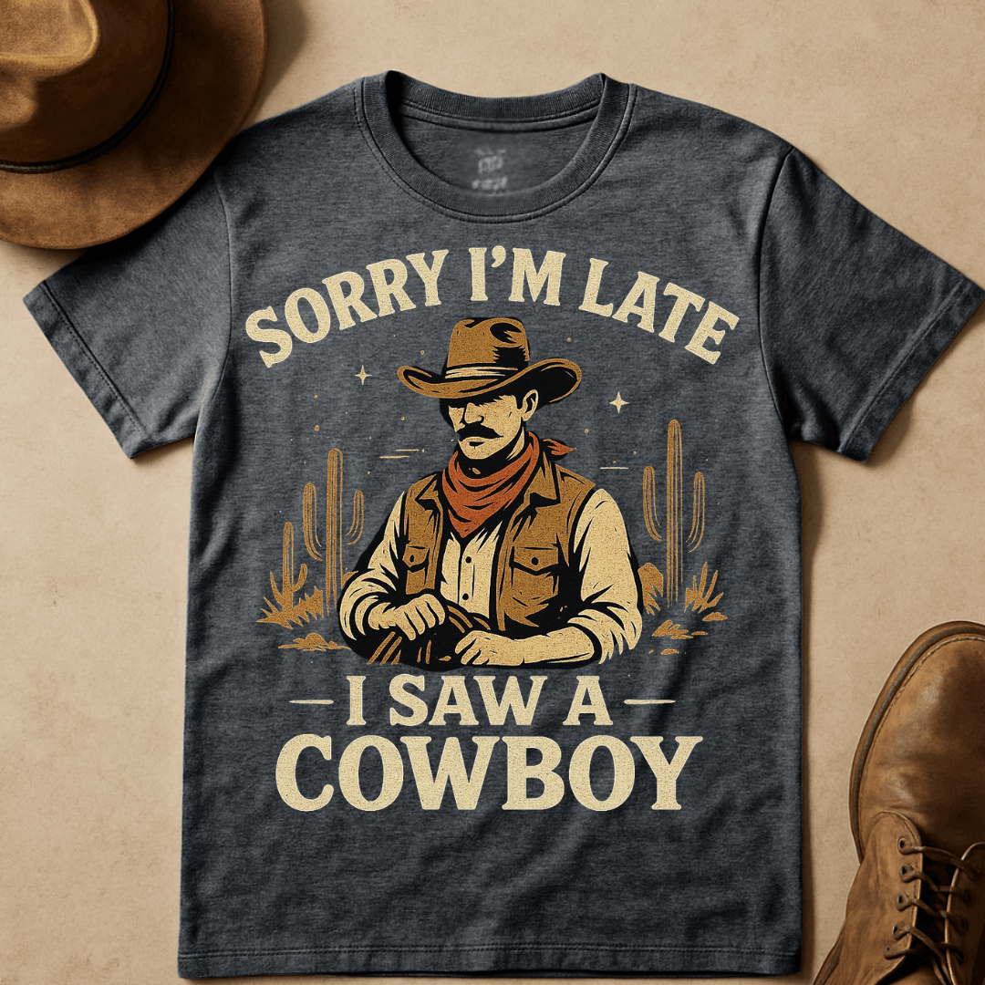 SORRY I'M LATE I SAW A COWBOY T-SHIRT