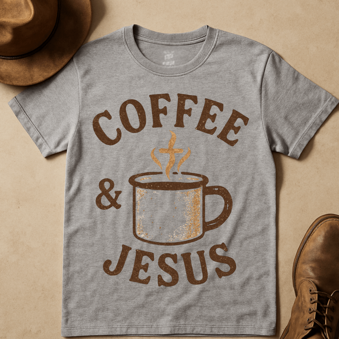 RUSTIC COFFEE AND JESUS MUG T-SHIRT