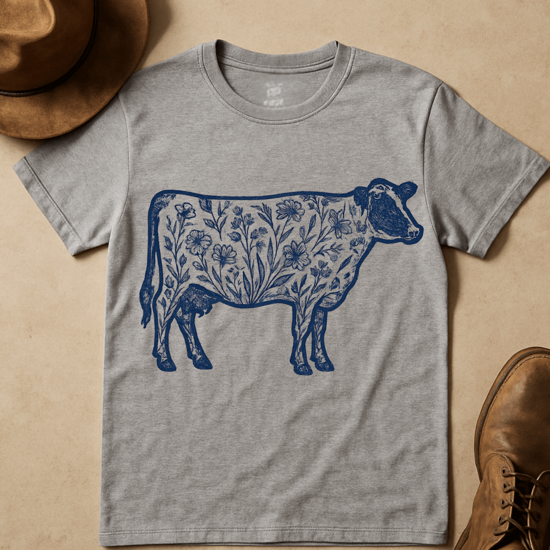NAVY FLORAL COW T-SHIRT