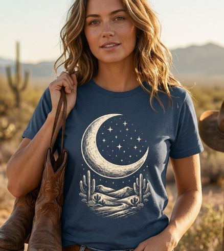 Woman in a desert setting wearing a t-shirt with a moon and star design, holding boots.