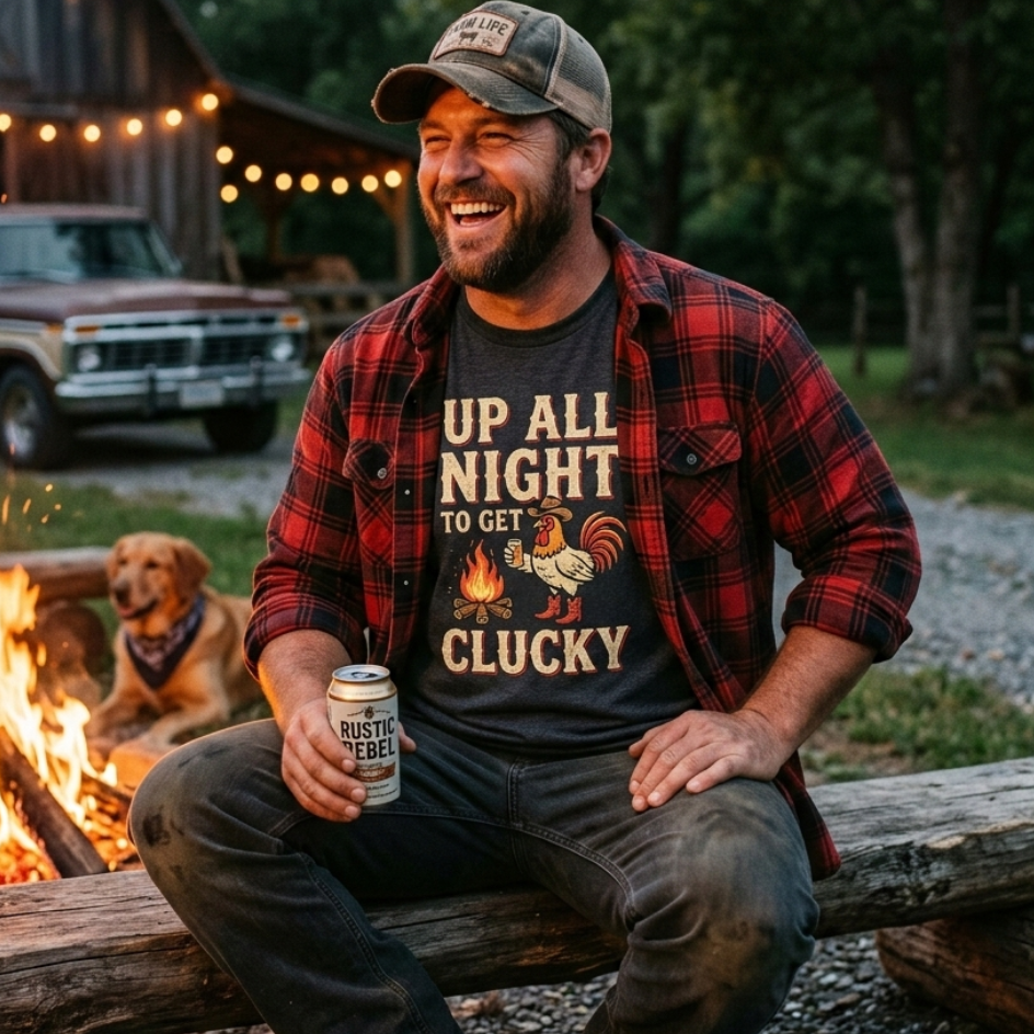 Man sitting by a campfire holding a beer, wearing a plaid shirt and graphic t-shirt, with a barn and truck in the background.
