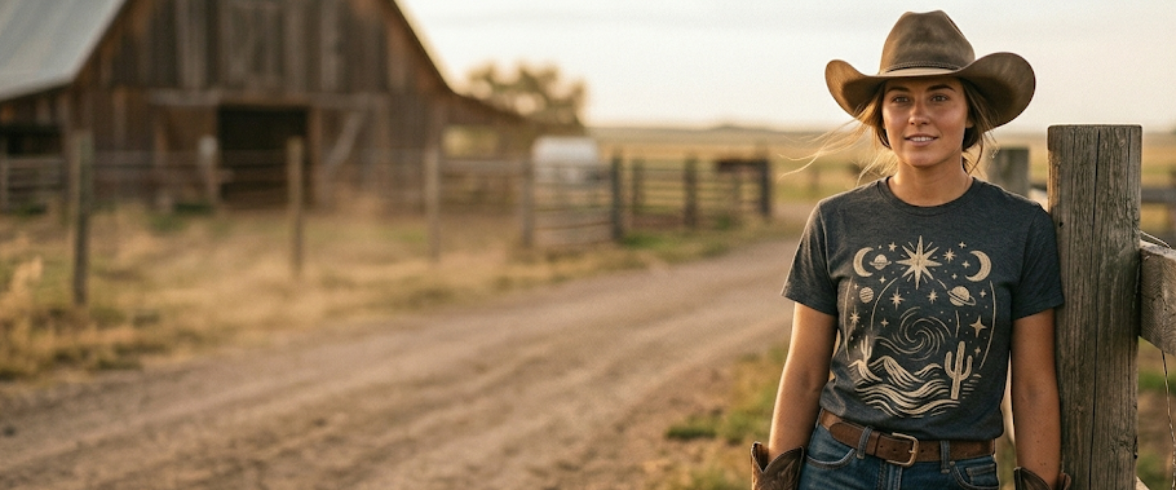 Person wearing a cowboy hat and graphic t-shirt standing on a dirt road with a barn in the background