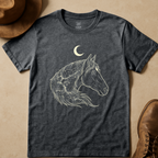 Dark gray t-shirt with a horse and moon design on a beige background