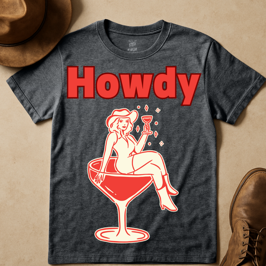 HOWDY WOMAN IN WINE T-SHIRT