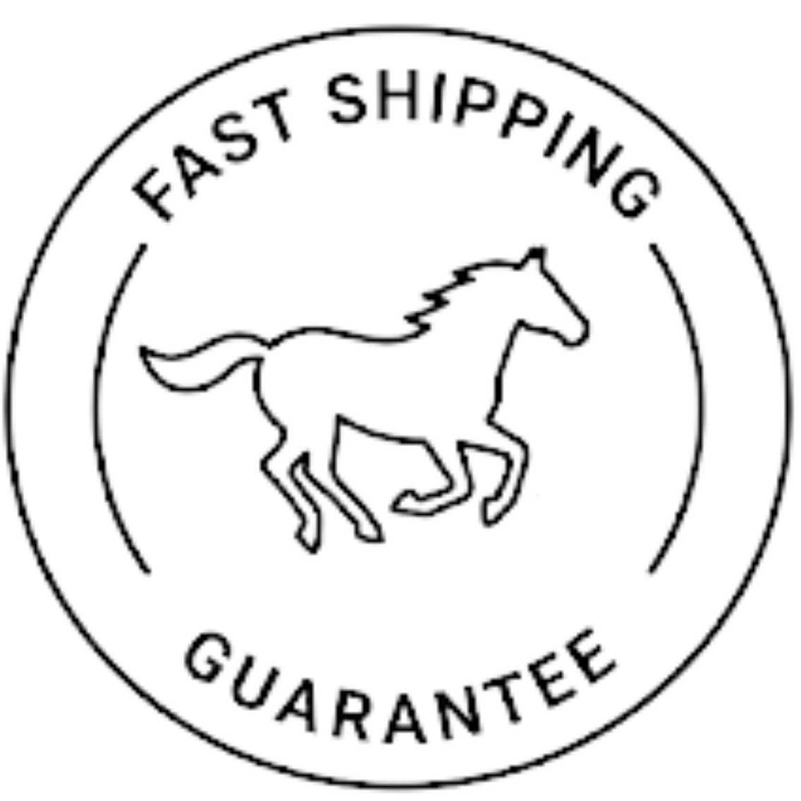 Logo with a horse and 'Fast Shipping Guarantee' text inside a circle