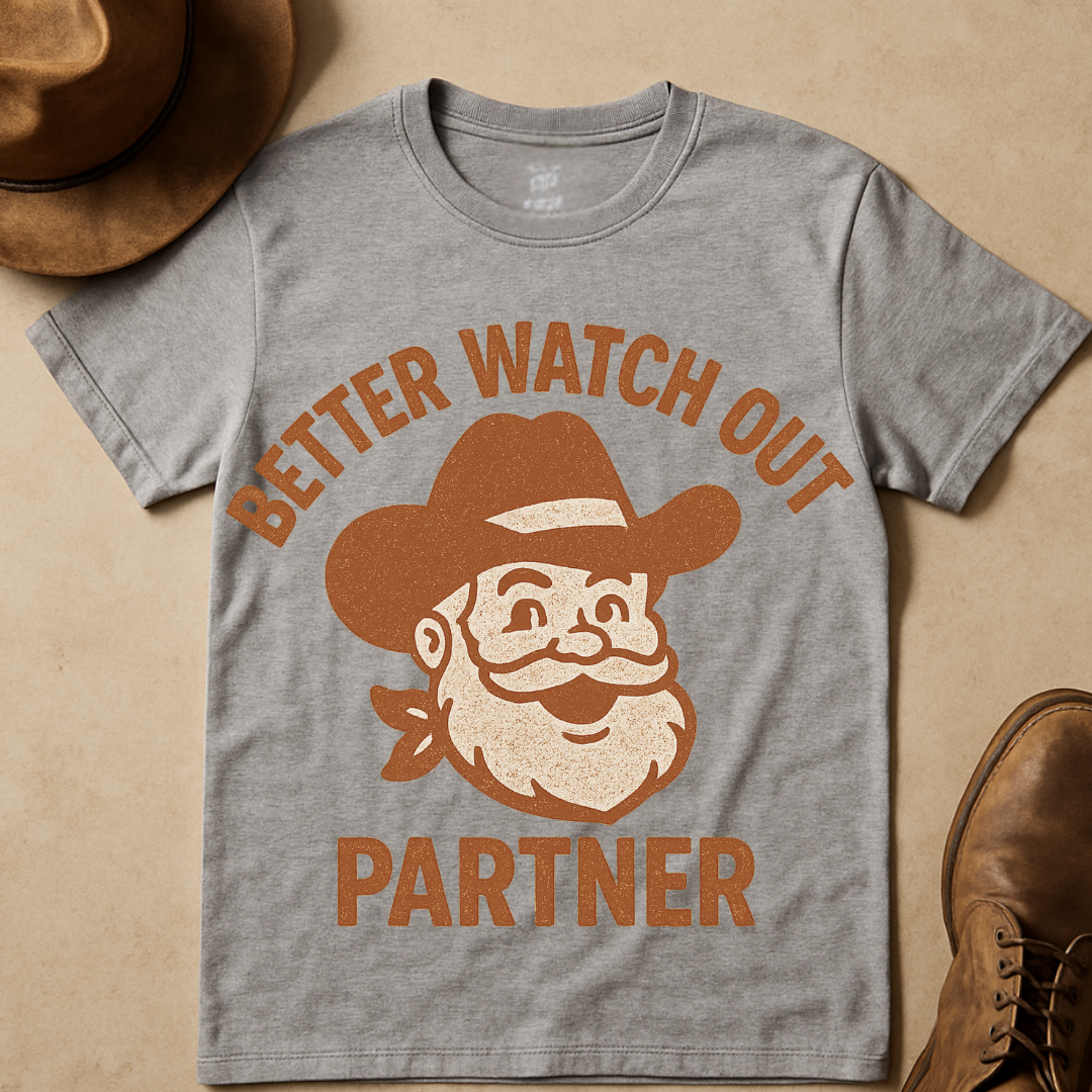 COWBOY SANTA BETTER WATCH OUT PARTNER T-SHIRT