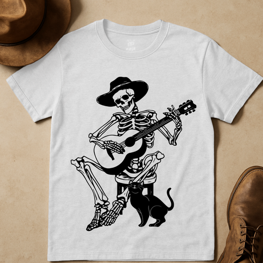 SKELETON PLAYING GUITAR WITH CAT T-SHIRT