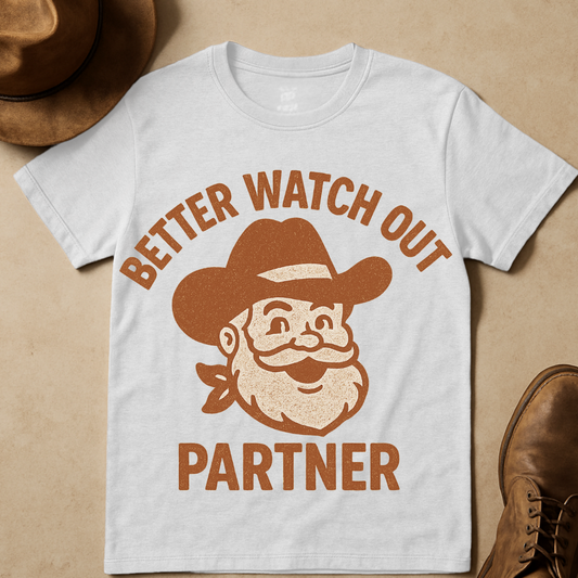 COWBOY SANTA BETTER WATCH OUT PARTNER T-SHIRT