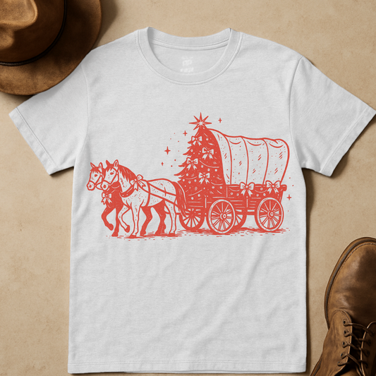 HORSES, WAGON, AND CHRISTMAS TREE T-SHIRT