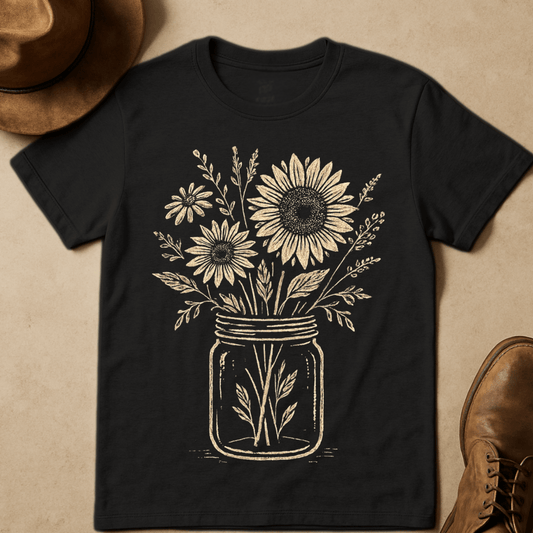 MASON JAR WITH SUNFLOWERS AND DAISIES T-SHIRT
