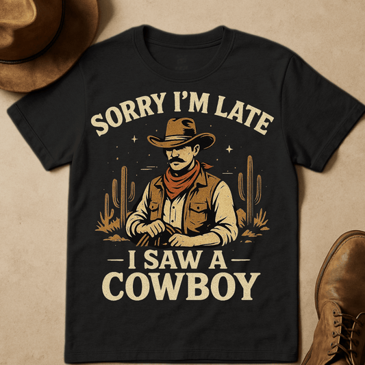 SORRY I'M LATE I SAW A COWBOY T-SHIRT