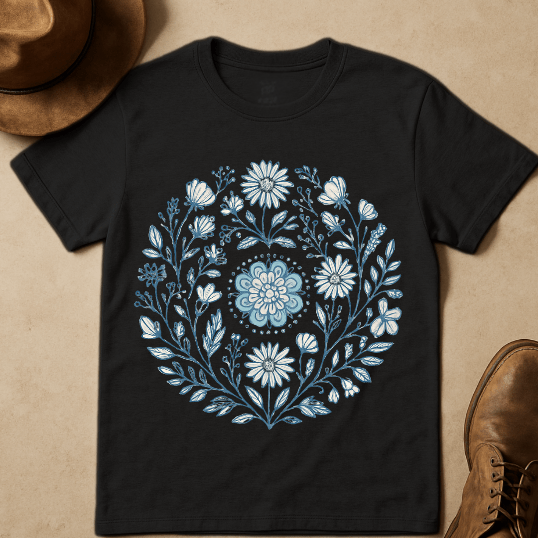 BLUE FLORAL MANDALA T-SHIRT