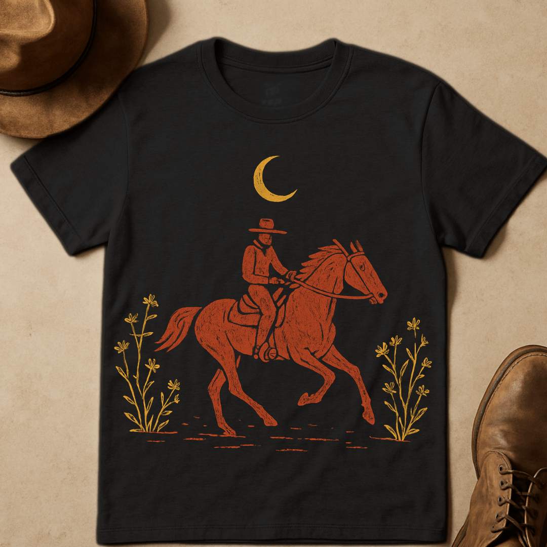 COWBOY RIDE UNDER CRESCENT MOON T-SHIRT