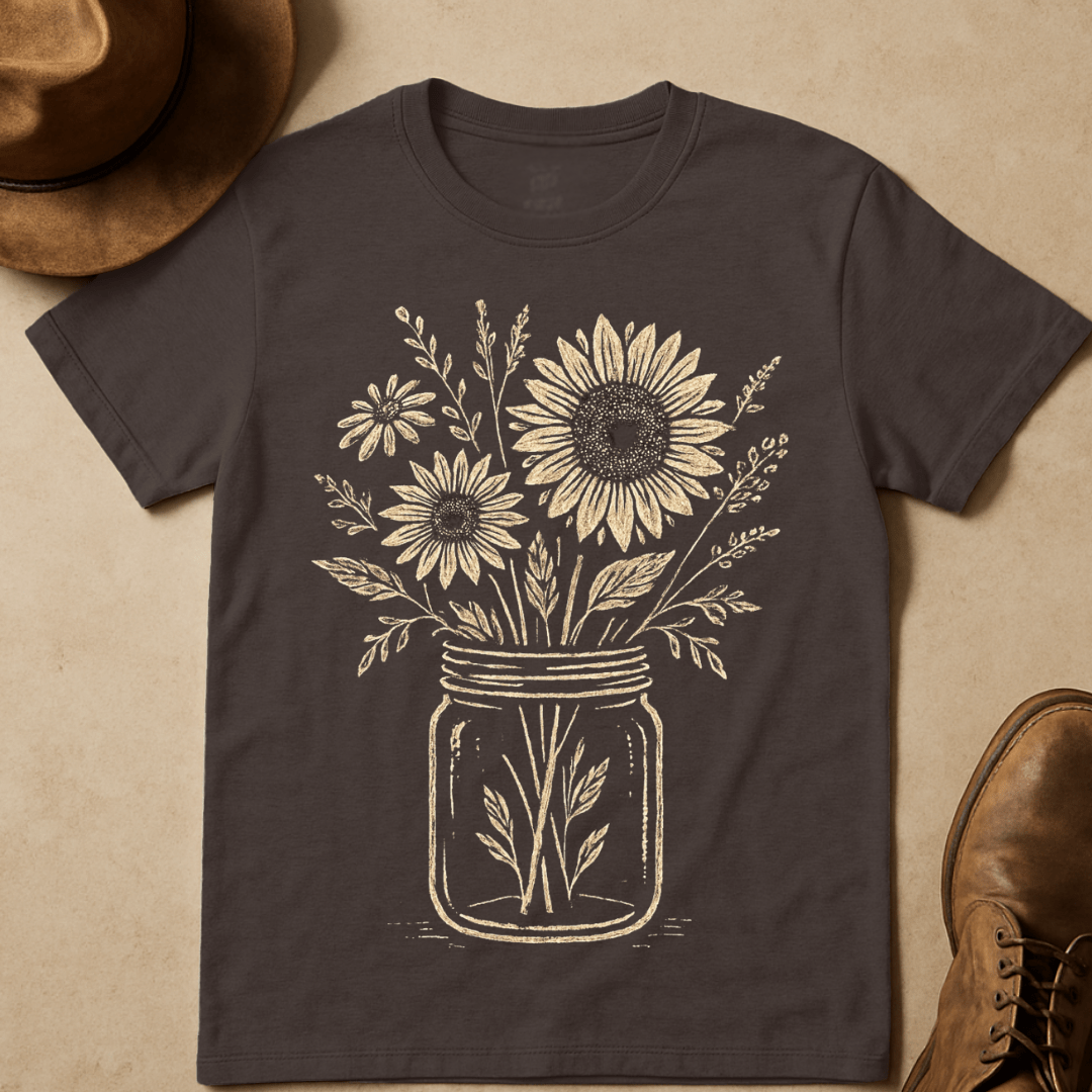 MASON JAR WITH SUNFLOWERS AND DAISIES T-SHIRT