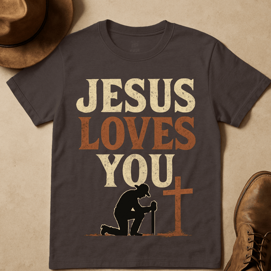 RUSTIC COWBOY KNEELING T-SHIRT