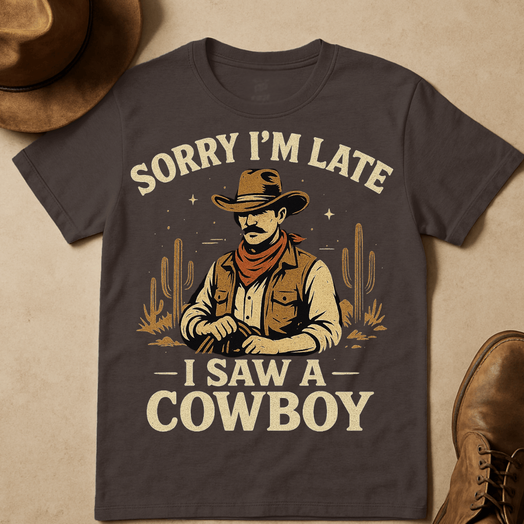 SORRY I'M LATE I SAW A COWBOY T-SHIRT