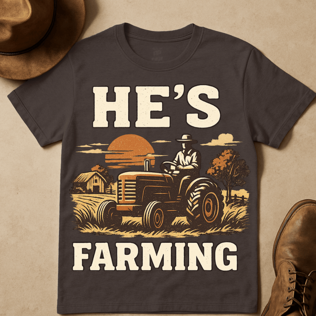 HE'S FARMING TRACTOR SUNSET T-SHIRT