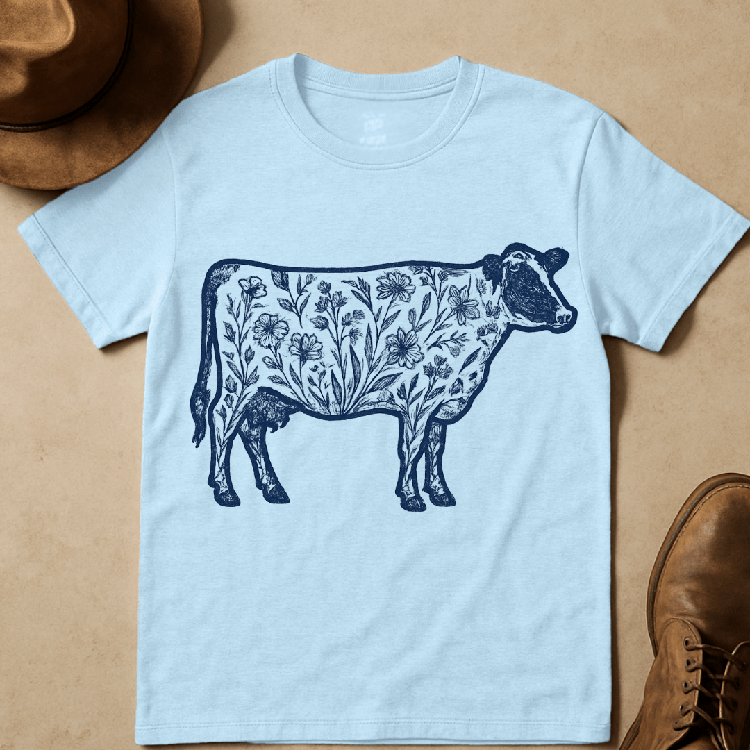 NAVY FLORAL COW T-SHIRT
