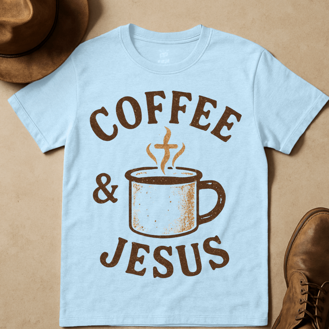 RUSTIC COFFEE AND JESUS MUG T-SHIRT