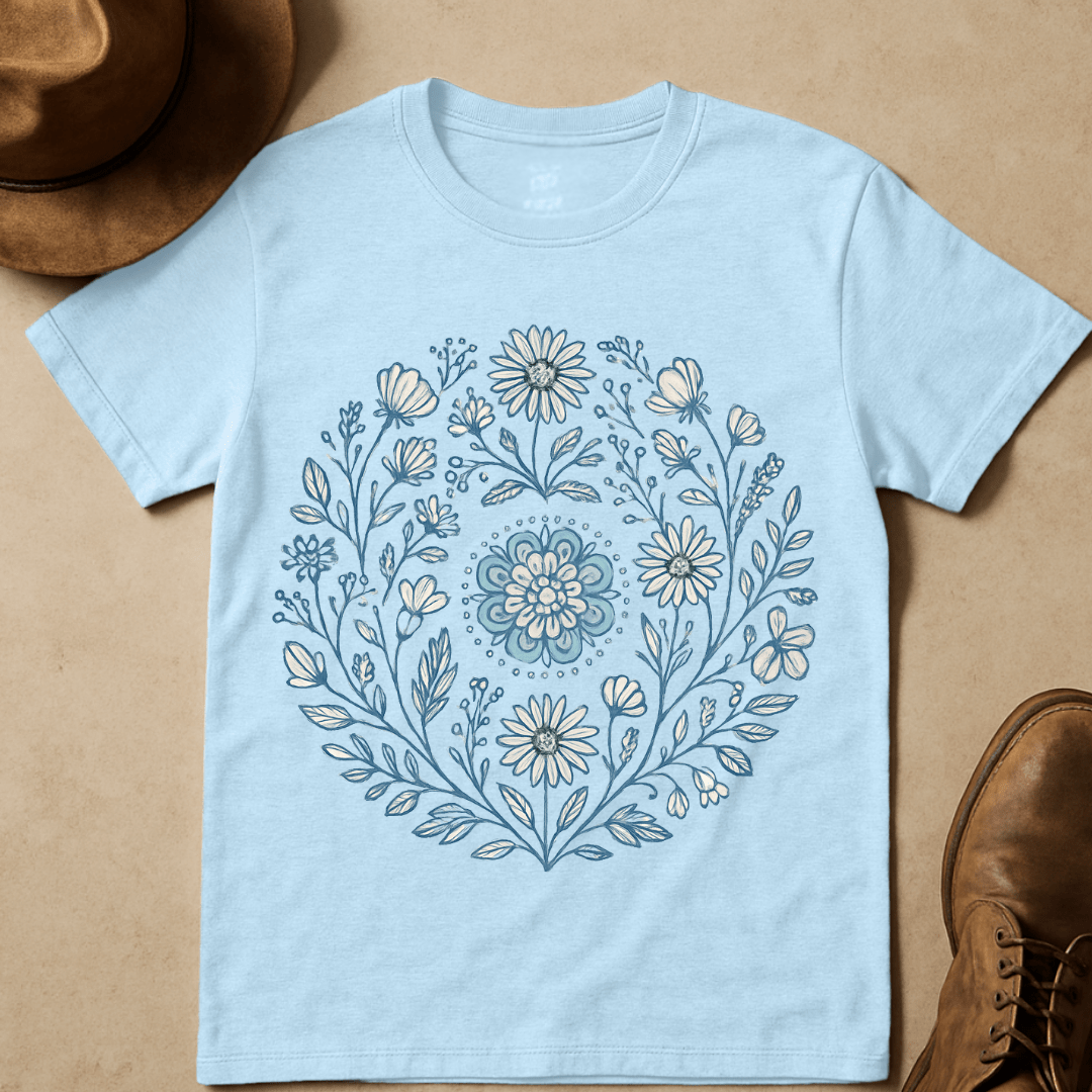BLUE FLORAL MANDALA T-SHIRT