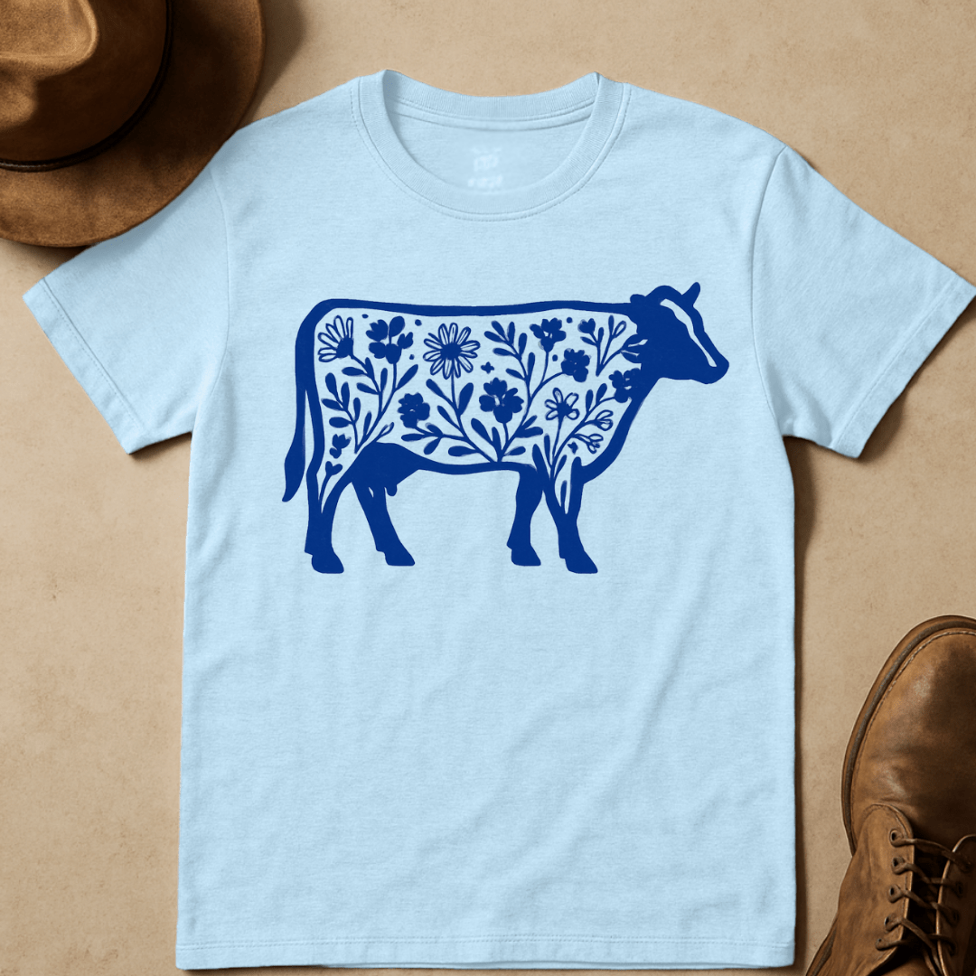 BLUE WILDFLOWER COW T-SHIRT