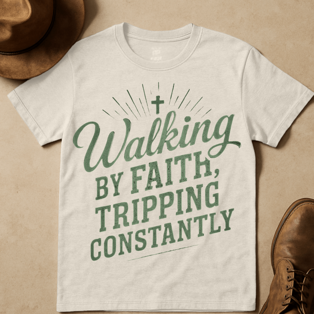 DISTRESSED WALKING BY FAITH T-SHIRT
