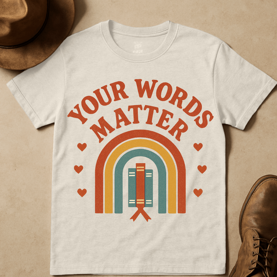 RAINBOW BOOKS YOUR WORDS MATTER T-SHIRT