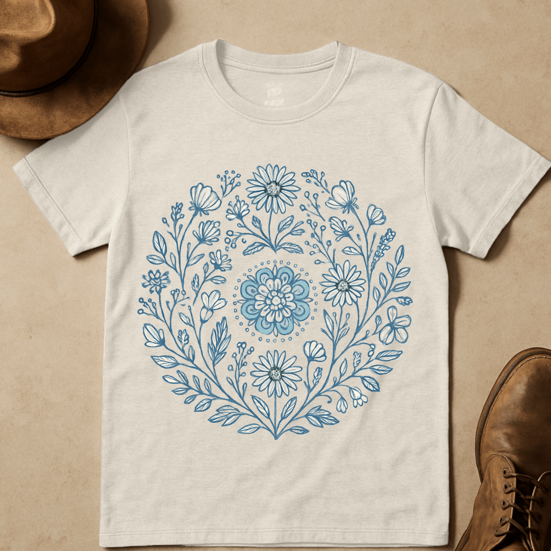 BLUE FLORAL MANDALA T-SHIRT