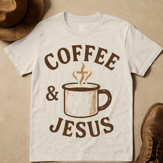 RUSTIC COFFEE AND JESUS MUG T-SHIRT