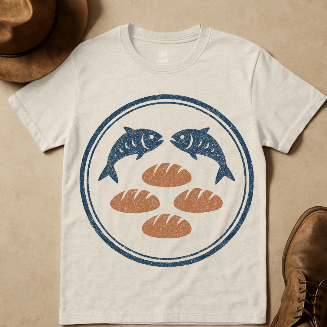 CHRISITAIN FISH AND LOAVES BADGE T-SHIRT