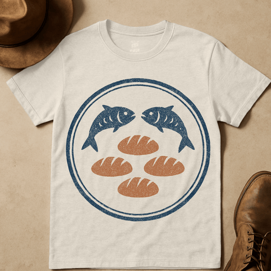 CHRISITAIN FISH AND LOAVES BADGE T-SHIRT