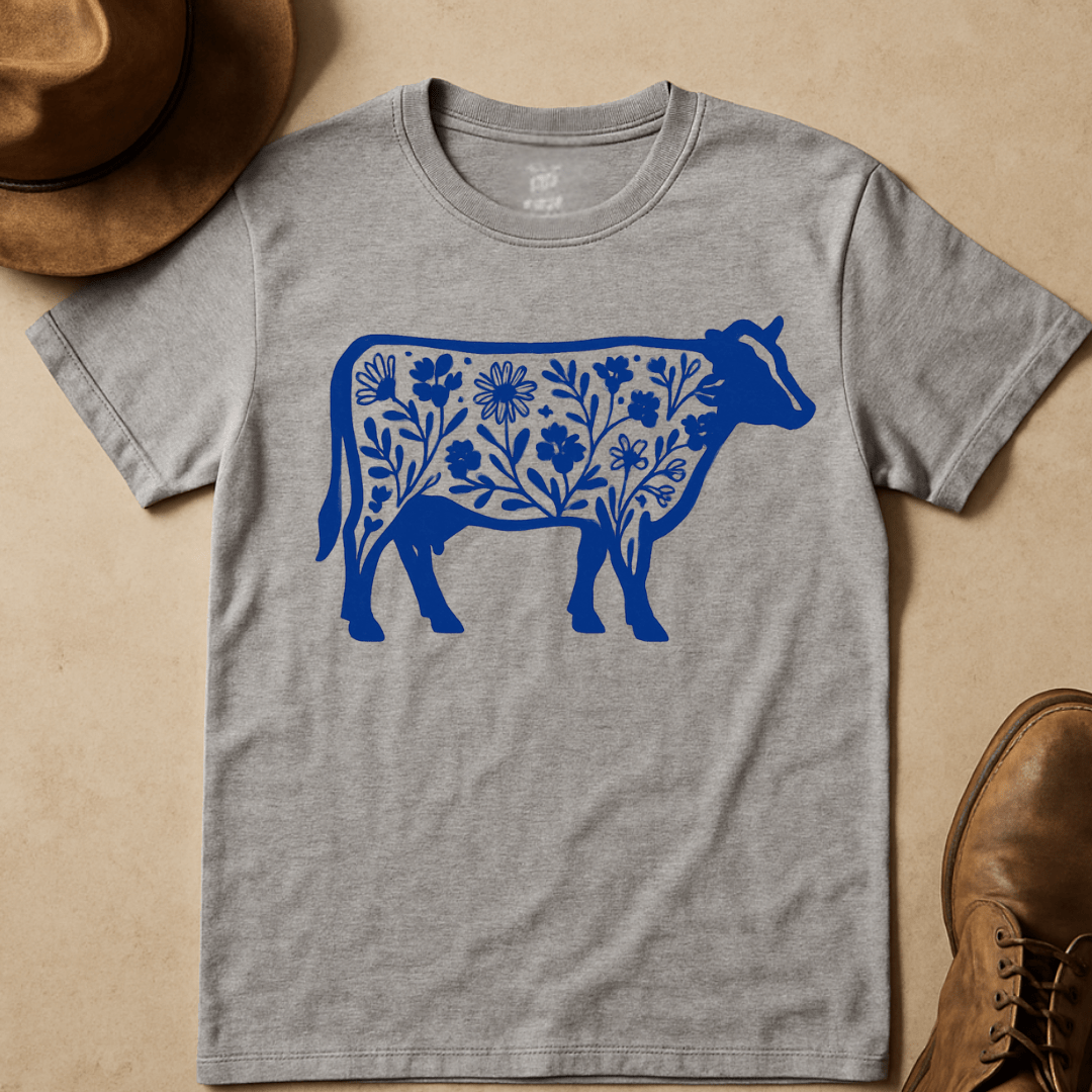 BLUE WILDFLOWER COW T-SHIRT