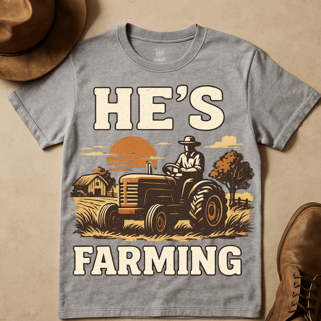 HE'S FARMING TRACTOR SUNSET T-SHIRT