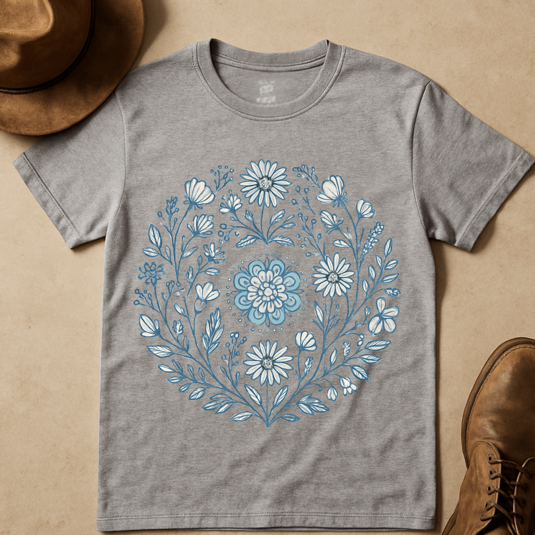 BLUE FLORAL MANDALA T-SHIRT