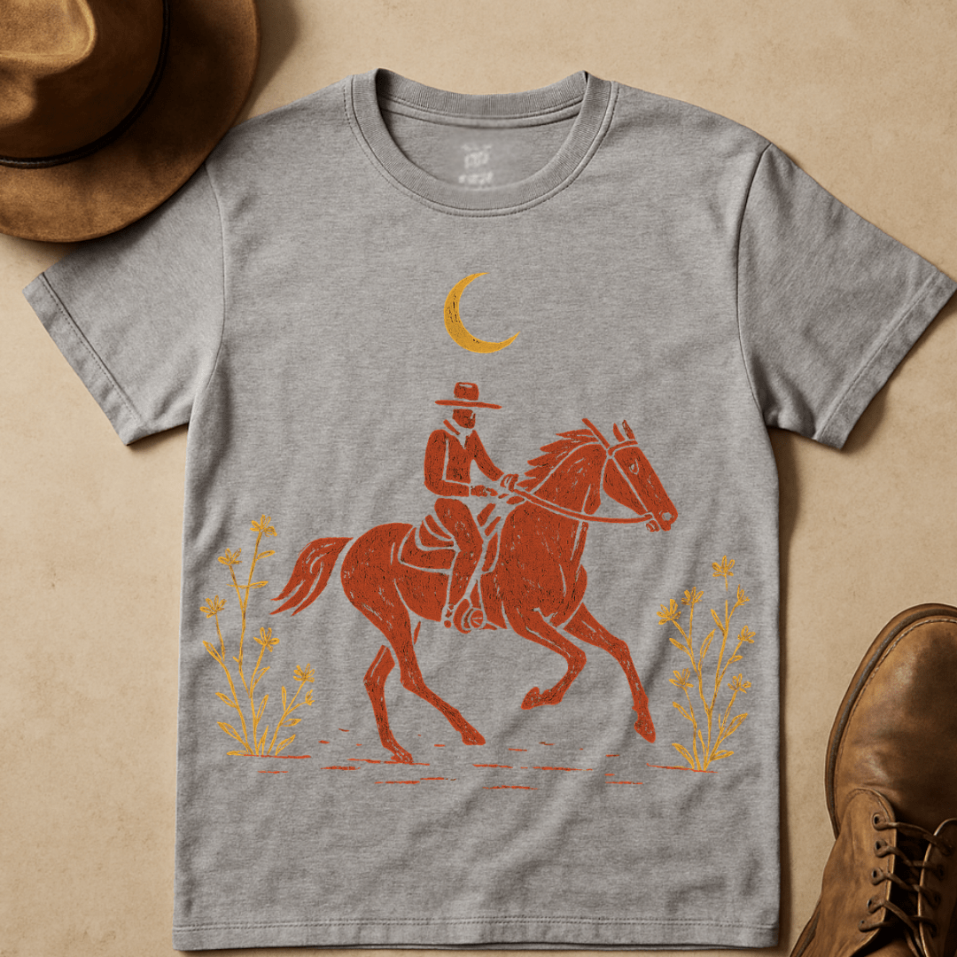 COWBOY RIDE UNDER CRESCENT MOON T-SHIRT