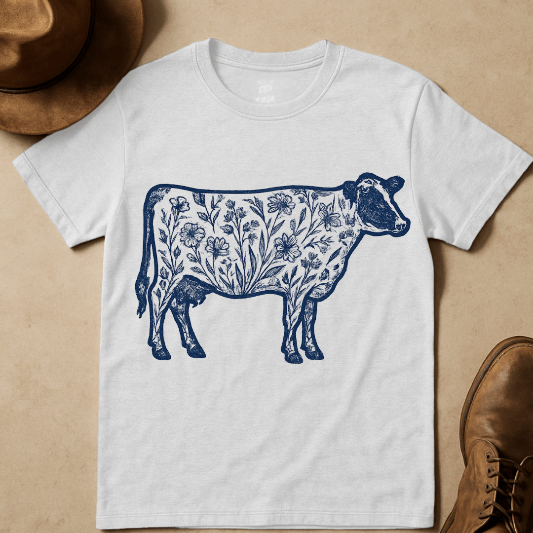 NAVY FLORAL COW T-SHIRT