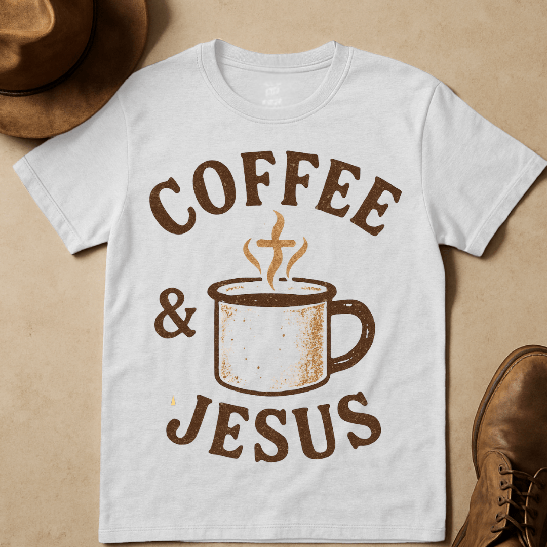 RUSTIC COFFEE AND JESUS MUG T-SHIRT