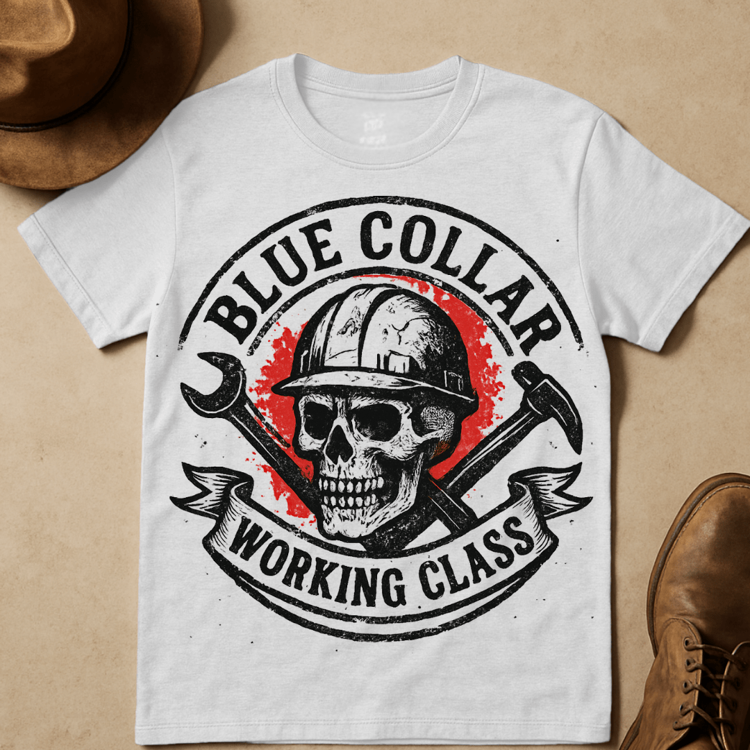RED BACKGROUND SKULL AND TOOLS T-SHIRT