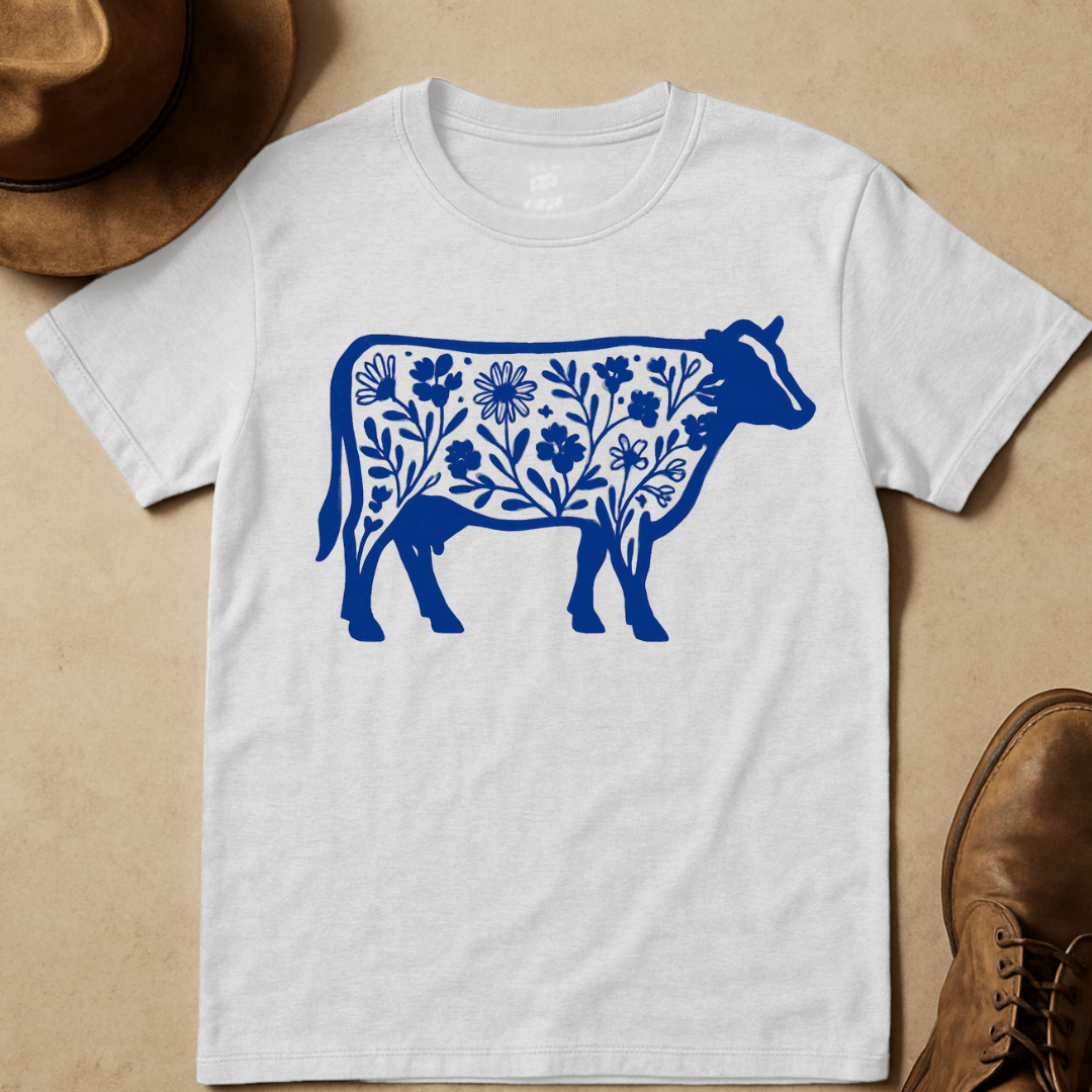 BLUE WILDFLOWER COW T-SHIRT