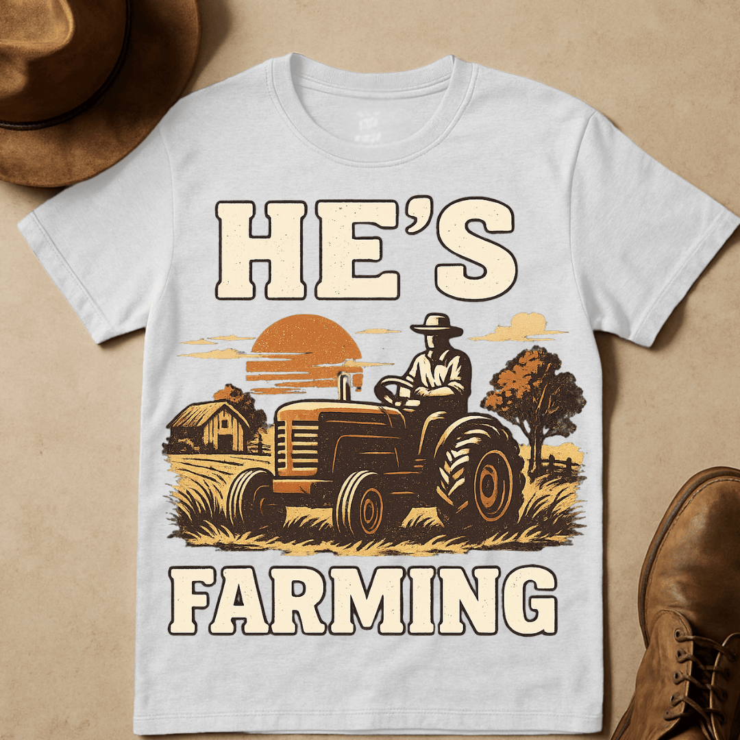 HE'S FARMING TRACTOR SUNSET T-SHIRT