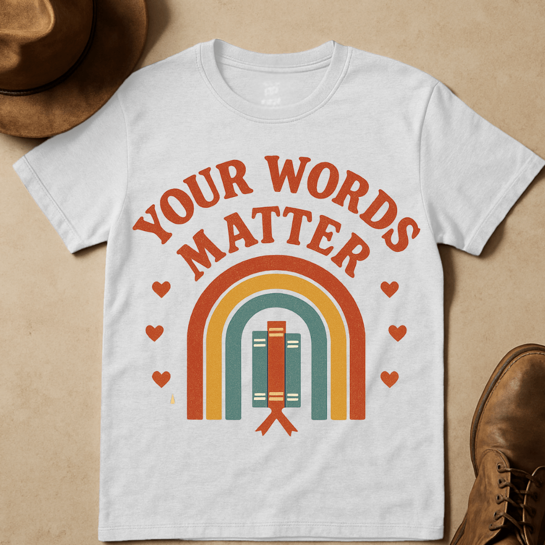 RAINBOW BOOKS YOUR WORDS MATTER T-SHIRT
