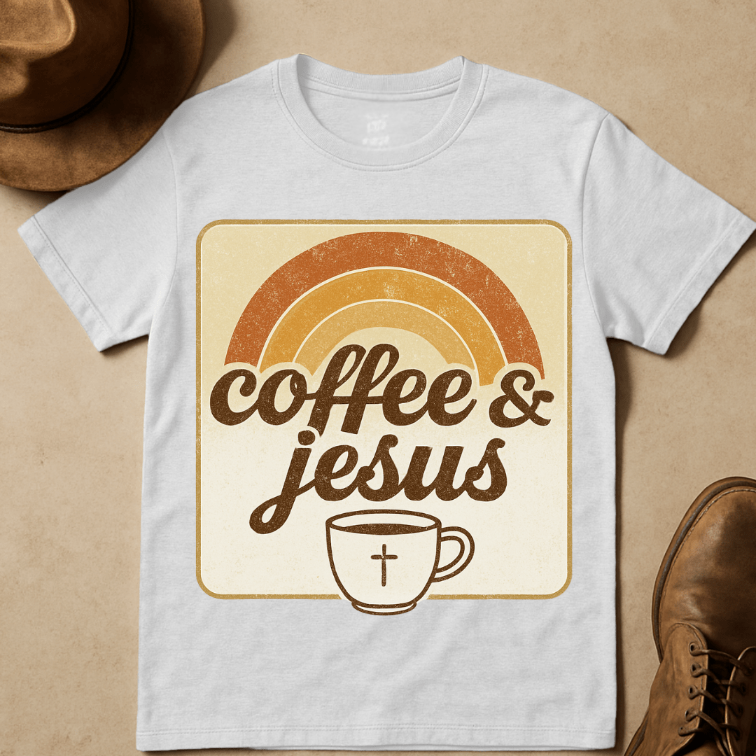 RETRO SUNRISE COFFEE AND JESUS T-SHIRT