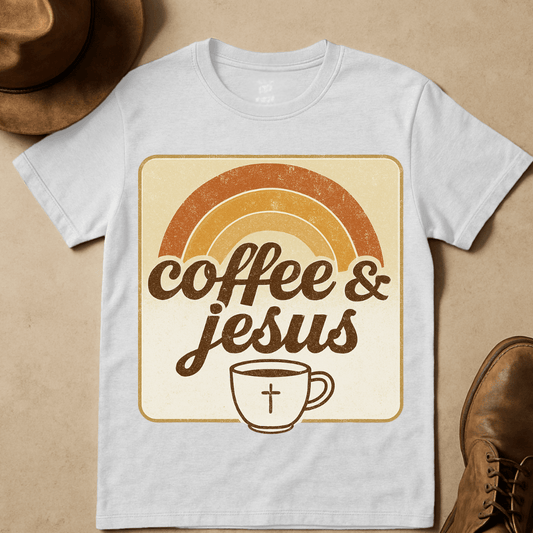 RETRO SUNRISE COFFEE AND JESUS T-SHIRT