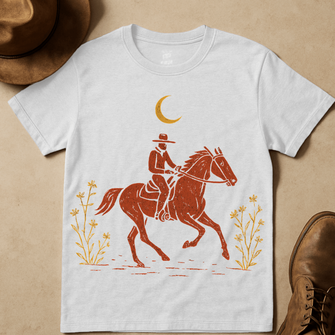 COWBOY RIDE UNDER CRESCENT MOON T-SHIRT