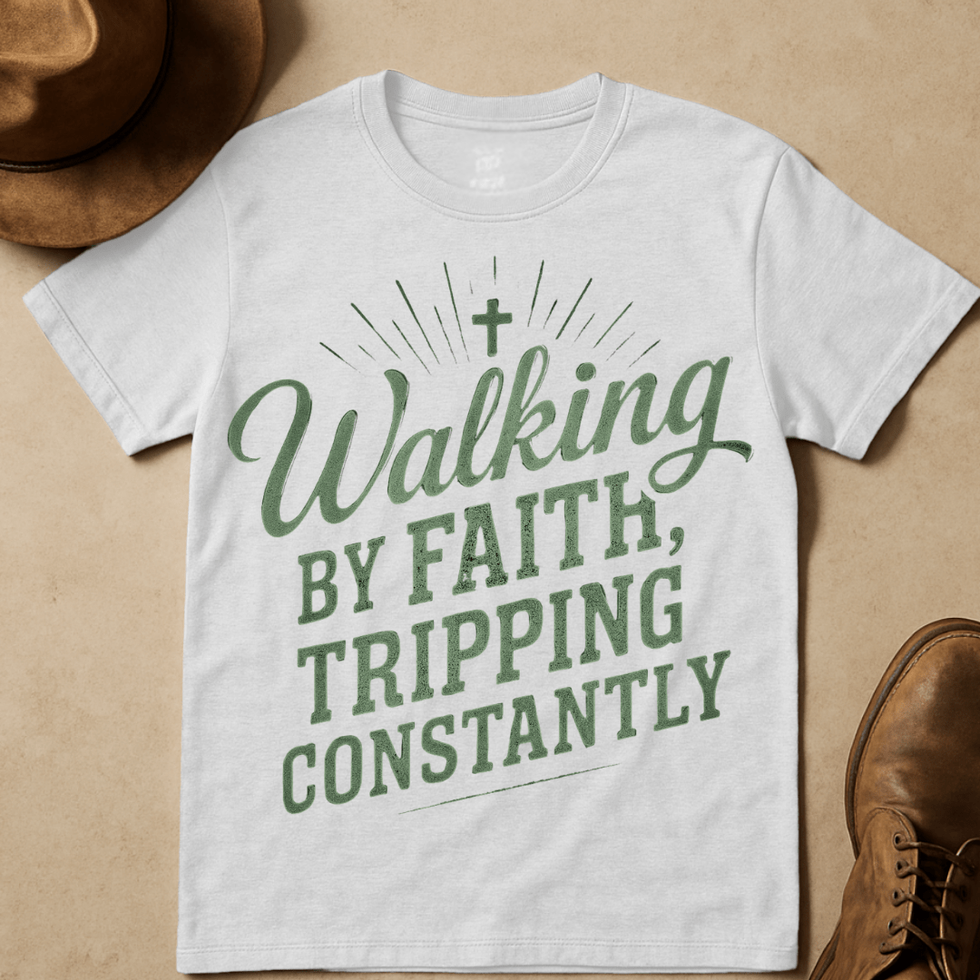 DISTRESSED WALKING BY FAITH T-SHIRT