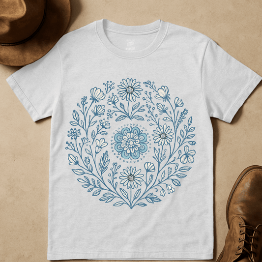 BLUE FLORAL MANDALA T-SHIRT